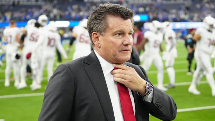 Dec 28, 2024; Inglewood, California, USA; Arizona Cardinals owner Michael Bidwill reacts during the game against the Los Angeles Rams at SoFi Stadium. Mandatory Credit: Kirby Lee-Imagn Images