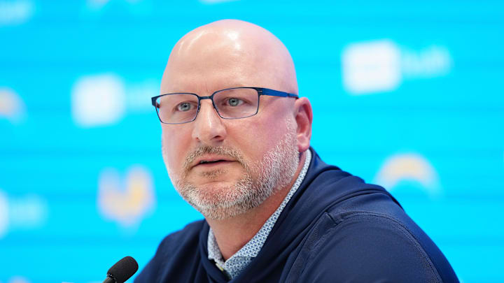 Apr 16, 2026; El Segundo, CA, USA; Los Angeles Chargers general manager Joe Hortiz speaks at press conference at The Bolt. Mandatory Credit: Kirby Lee-Imagn Images