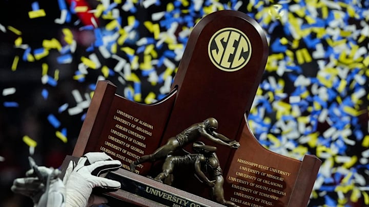 Georgia celebrates after the winning the SEC championship game against Texas in Atlanta, on Saturday, Dec. 7, 2024. Georgia won 22-19.