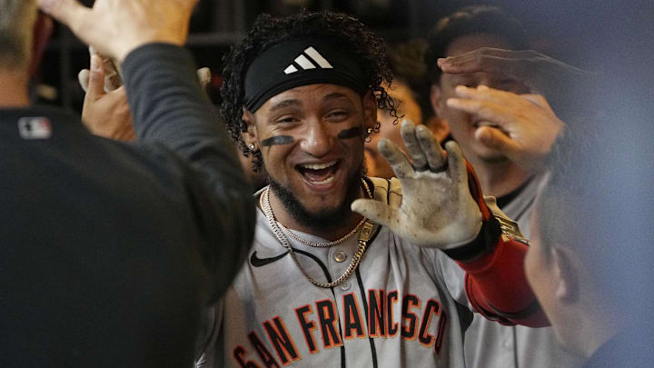 Aug 22, 2025; Milwaukee, Wisconsin, USA; San Francisco Giants outfielder Luis Matos (29) celebrates in the dug out after hitting a home run against the Milwaukee Brewers in the second inning at American Family Field. Mandatory Credit: Michael McLoone-Imagn Images Aug 22, 2025; Milwaukee, Wisconsin, USA; San Francisco Giants outfielder Luis Matos (29) celebrates in the dug out after hitting a home run against the Milwaukee Brewers in the second inning at American Family Field. Mandatory Credit: Michael McLoone-Imagn Images