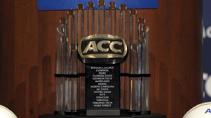 Oct 16, 2013; Charlotte, NC, USA; ACC championship trophy as seen during the ACC basketball media