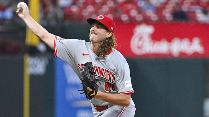Sep 10, 2024; St. Louis, Missouri, USA;  Cincinnati Reds starting pitcher Rhett Lowder (81) pitches against the St. Louis Cardinals during the first inning at Busch Stadium. Mandatory Credit: Jeff Curry-Imagn Images