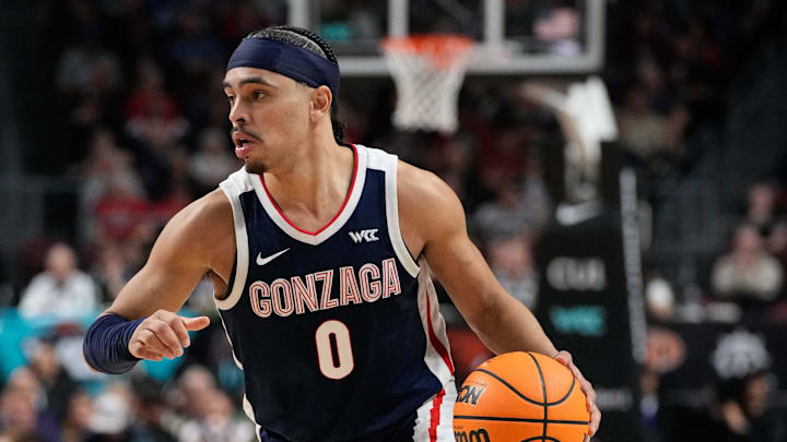 March 11, 2025; Las Vegas, NV, USA; Gonzaga Bulldogs guard Ryan Nembhard (0) during the second half in the final of the West Coast Conference tournament at Orleans Arena. Mandatory Credit: Kyle Terada-Imagn Images March 11, 2025; Las Vegas, NV, USA; Gonzaga Bulldogs guard Ryan Nembhard (0) during the second half in the final of the West Coast Conference tournament at Orleans Arena. Mandatory Credit: Kyle Terada-Imagn Images
