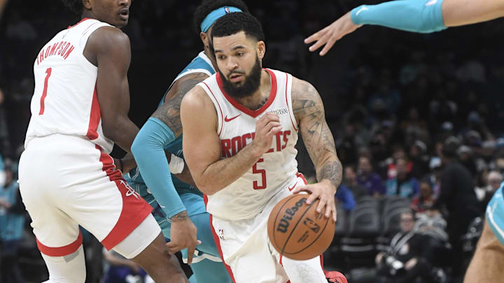 Dec 23, 2024; Charlotte, North Carolina, USA; Houston Rockets guard Fred VanVleet (5) drives in during the second half against the Charlotte Hornets at the Spectrum Center. Mandatory Credit: Sam Sharpe-Imagn Images Dec 23, 2024; Charlotte, North Carolina, USA; Houston Rockets guard Fred VanVleet (5) drives in during the second half against the Charlotte Hornets at the Spectrum Center. Mandatory Credit: Sam Sharpe-Imagn Images