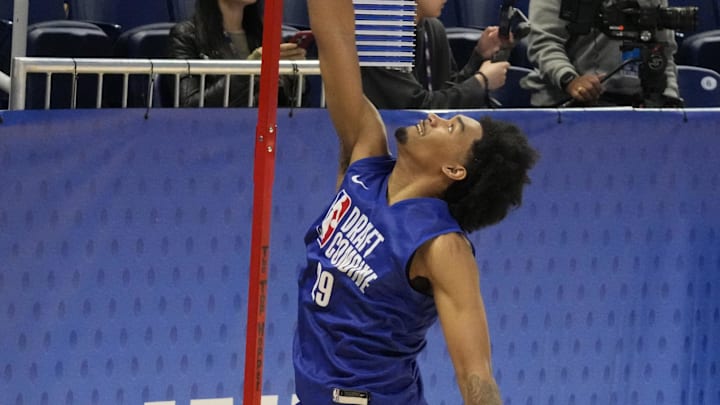 May 13, 2025; Chicago, Il, USA; Dylan Harper (29) participates in the 2025 NBA Draft Combine at Wintrust Arena. Mandatory Credit: David Banks-Imagn Images