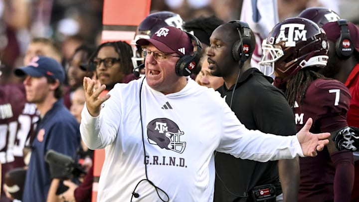 Sep 27, 2025; College Station, Texas, USA; Texas A&M Aggies head coach Mike Elko reacts during the third quarter against the Auburn Tigers at Kyle Field. Mandatory Credit: Maria Lysaker-Imagn Images Sep 27, 2025; College Station, Texas, USA; Texas A&M Aggies head coach Mike Elko reacts during the third quarter against the Auburn Tigers at Kyle Field. Mandatory Credit: Maria Lysaker-Imagn Images