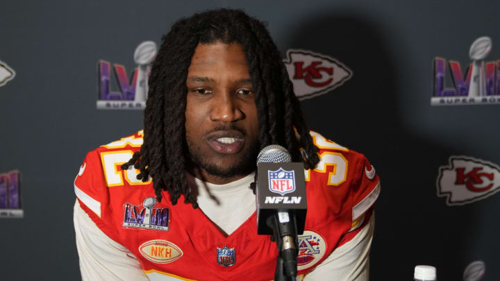 Feb 8, 2024; Las Vegas, NV, USA;  Kansas City Chiefs linebacker Nick Bolton (32) during a press conference before Super Bowl LVIII at Westin Lake Las Vegas Resort and Spa. Mandatory Credit: Kyle Terada-USA TODAY Sports