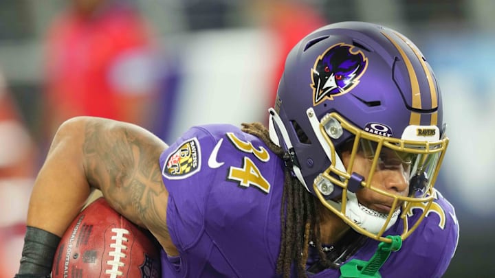 Nov 7, 2024; Baltimore, Maryland, USA; Baltimore Ravens running back Keaton Mitchell (34) prior to the game against the Cincinnati Bengals at M&T Bank Stadium. Mandatory Credit: Mitch Stringer-Imagn Images