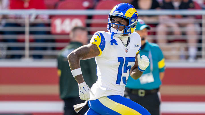 November 9, 2025; Santa Clara, California, USA; Los Angeles Rams wide receiver Konata Mumpfield (15) warms up before the game against the San Francisco 49ers at Levi's Stadium. Mandatory Credit: Kyle Terada-Imagn Images