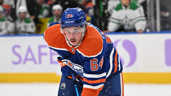 Nov 25, 2025; Edmonton, Alberta, CAN; Edmonton Oilers centre Connor Clattenburg (64) is seen out on the ice as the Edmonton Oilers take on the Dallas Stars during the third period at Rogers Place. Mandatory Credit: Walter Tychnowicz-Imagn Images Nov 25, 2025; Edmonton, Alberta, CAN; Edmonton Oilers centre Connor Clattenburg (64) is seen out on the ice as the Edmonton Oilers take on the Dallas Stars during the third period at Rogers Place. Mandatory Credit: Walter Tychnowicz-Imagn Images