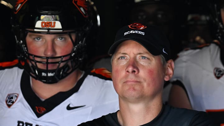 Sep 20, 2025; Eugene, Oregon, USA; Oregon State Beavers head coach Trent Bray looks on from the tunnel before the game against the Oregon Ducks at Autzen Stadium. Mandatory Credit: Troy Wayrynen-Imagn Images