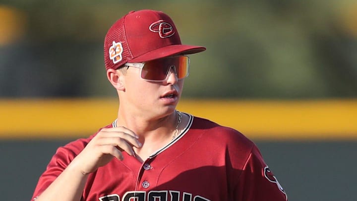 Jul 28, 2023; Scottsdale, AZ, USA; Diamondbacks prospect Tommy Troy practices at Salt River Fields in Scottsdale on Friday, July 28, 2023.