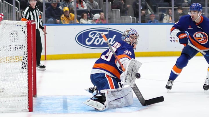 Mar 1, 2025; Elmont, New York, USA;  New York Islanders goaltender Ilya Sorokin (30) makes a save against the Nashville Predators during the third period at UBS Arena. Mandatory Credit: Thomas Salus-Imagn Images