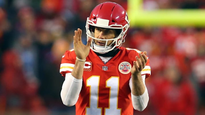 Jan 6, 2018; Kansas City, MO, USA; Kansas City Chiefs quarterback Alex Smith (11) celebrates after a play against the Tennessee Titans in the first half in the AFC Wild Card playoff football game at Arrowhead Stadium. Mandatory Credit: Jay Biggerstaff-Imagn Images