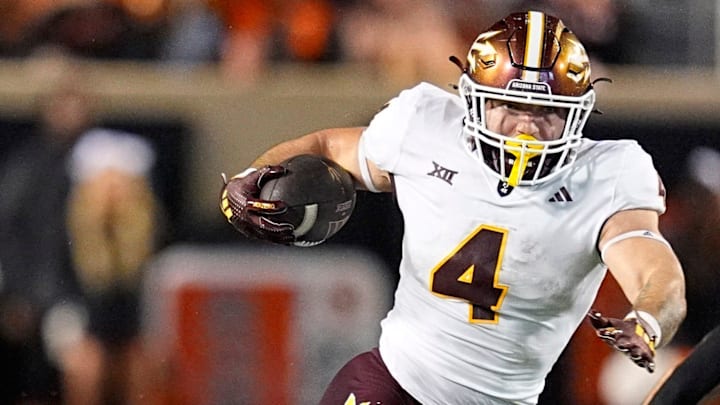 Arizona State Sun Devils running back Cam Skattebo (4) suffered an undisclosed injury in the fourth quarter of ASU's win over Oklahoma State.