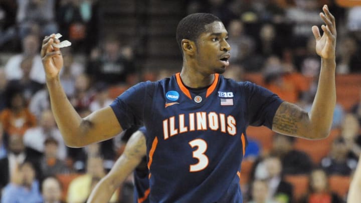 Mar 24, 2013; Austin, TX, USA; Illinois FIghting Illini guard Brandon Paul (3) reacts against the Miami Hurricanes in the second half during the third round of the NCAA basketball tournament at the Frank Erwin Center. Miami beat Illinois 63-59. Mandatory Credit: Brendan Maloney-USA TODAY Sports