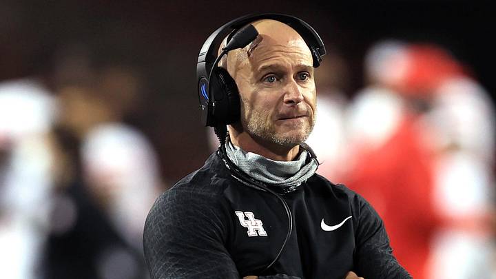 Nov 7, 2020; Cincinnati, Ohio, USA; Houston head coach Dana Holgerson reacts at Nippert Stadium. Mandatory Credit: Jim Owens-Imagn Images
