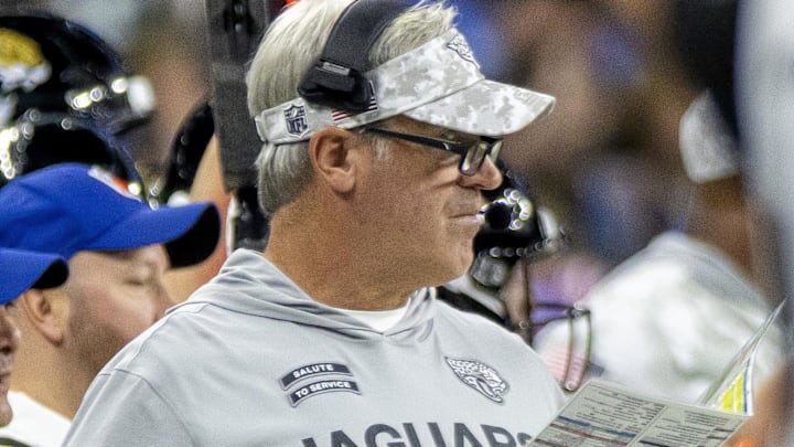 Nov 17, 2024; Detroit, Michigan, USA; Jacksonville Jaguars head coach Doug Pederson watches the action from the sidelines during the first half of the game against the Detroit Lions at Ford Field. Mandatory Credit: David Reginek-Imagn Images