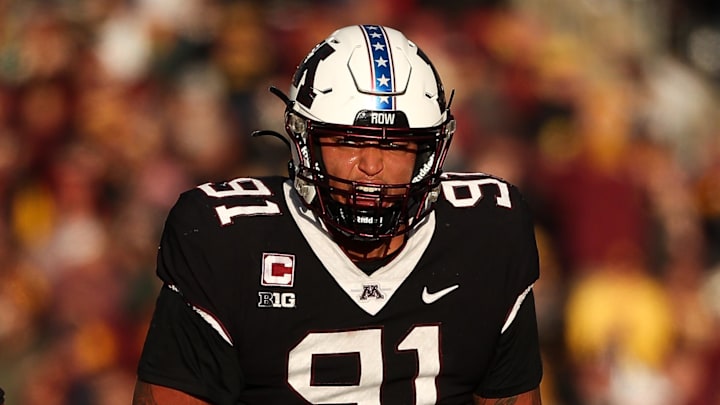 Nov 1, 2025; Minneapolis, Minnesota, USA; Minnesota Golden Gophers defensive lineman Deven Eastern (91) celebrates against the Michigan State Spartans during the second half at Huntington Bank Stadium. Mandatory Credit: Matt Krohn-Imagn Images