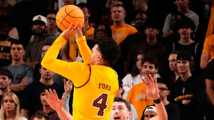 Gonzaga Bulldogs forward Steele Venters (2) pressures the shot by Arizona State Sun Devils guard Bryce Ford (4) on Nov. 14, 2025, at Desert Financial Arena in Tempe. Gonzaga Bulldogs forward Steele Venters (2) pressures the shot by Arizona State Sun Devils guard Bryce Ford (4) on Nov. 14, 2025, at Desert Financial Arena in Tempe.