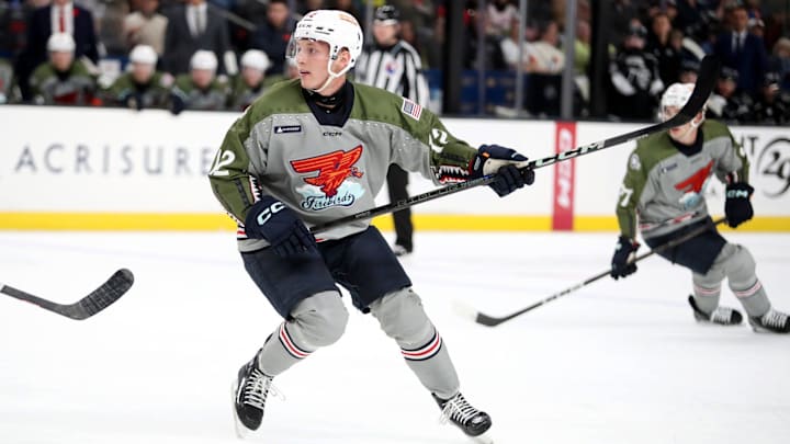 Firebirds forward Eduard Sale (12) eyes the puck in the second period against Ontario at Acrisure Arena in Palm Desert, Calif., on Sunday, November 10, 2024.