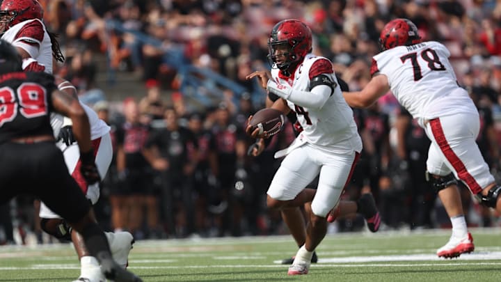 San Diego State Aztecs quarterback Jayden Denegal (4). San Diego State Aztecs quarterback Jayden Denegal (4).