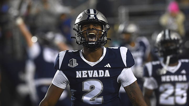 Nevada’s Brendon Lewis celebrates a score while taking on Oregon St. at Mackay Stadium in Reno on Oct. 12, 2024.
