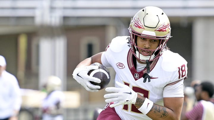 Apr 20, 2024; Tallahassee, Florida, USA; Florida State Seminoles tight end Landen Thomas (17) runs with the ball during the Spring Showcase at Doak S. Campbell Stadium. Mandatory Credit: Melina Myers-USA TODAY Sports