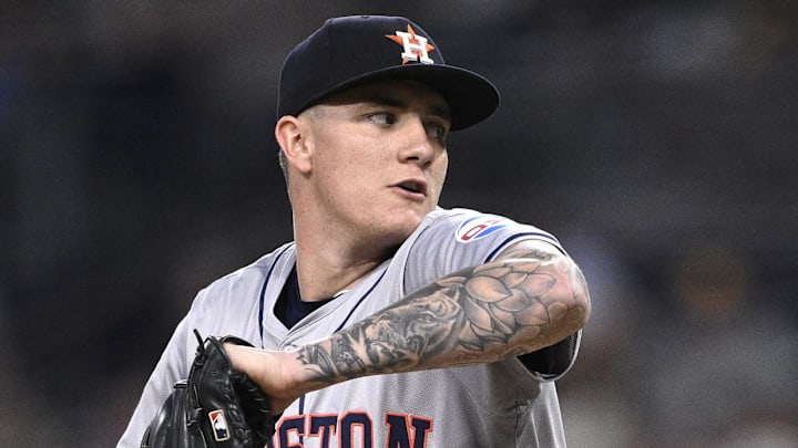 Sep 17, 2024; San Diego, California, USA; Houston Astros starting pitcher Hunter Brown (58) pitches against the San Diego Padres during the first inning at Petco Park. Mandatory Credit: Orlando Ramirez-Imagn Images