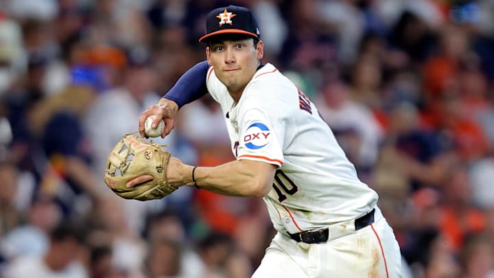 Aug 18, 2024; Houston, Texas, USA; Houston Astros third baseman Shay Whitcomb (10) throws a fielded ball to first base for an out against the Chicago White Sox during the sixth inning at Minute Maid Park Aug 18, 2024; Houston, Texas, USA; Houston Astros third baseman Shay Whitcomb (10) throws a fielded ball to first base for an out against the Chicago White Sox during the sixth inning at Minute Maid Park