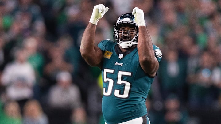 Nov 5, 2023; Philadelphia, Pennsylvania, USA; Philadelphia Eagles defensive end Brandon Graham (55) reacts after a sack during the fourth quarter against the Dallas Cowboys at Lincoln Financial Field. Mandatory Credit: Bill Streicher-USA TODAY Sports