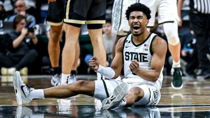 Michigan State's Jaden Akins celebrates after drawing Purdue foul during the second half on Tuesday, Feb. 18, 2025, at the Breslin Center in East Lansing.