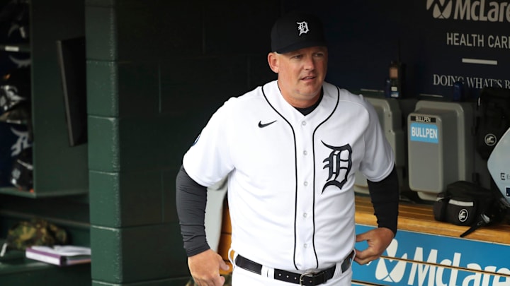 Manager AJ Hinch in the dugout before the Detroit Tigers played against the Chicago White Friday, April 8, 2022, at Comerica Park.

Tigers Chiwht