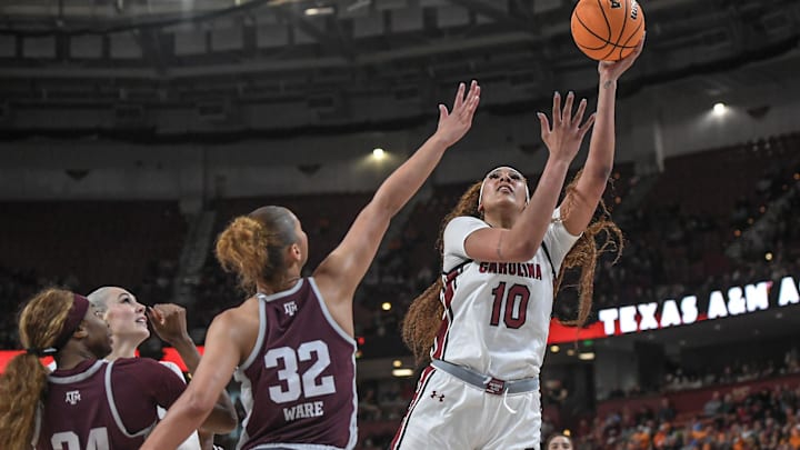 Mar 8, 2024; Greenville, SC, USA; South Carolina Gamecocks center Kamilla Cardoso (10) shoots the ball against Texas A&M Aggies forward Lauren Ware (32) during the third quarter at Bon Secours Wellness Arena. Mandatory Credit: Ken Ruinard/The Greenville News via USA TODAY NETWORK