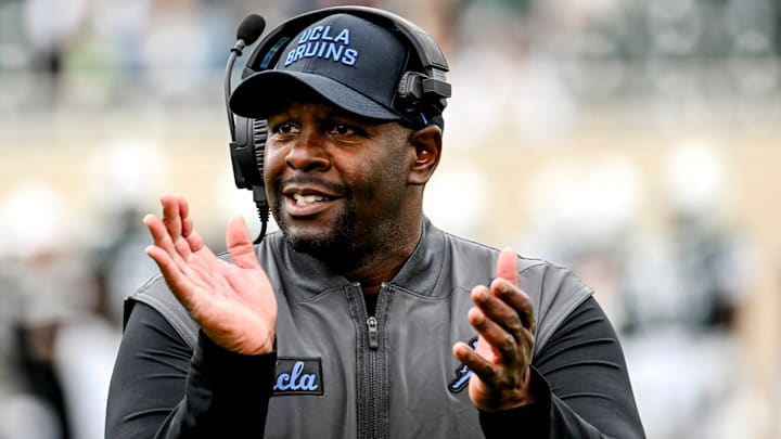 UCLA's interim head coach Tim Skipper celebrates after a Bruins touchdown against Michigan State during the third quarter on Saturday, Oct. 11, 2025, at Spartan Stadium in East Lansing.