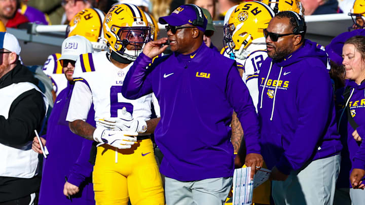 Nov 29, 2025; Norman, Oklahoma, USA;  Louisiana State Tigers head coach Frank Wilson reacts during the first half against the Louisiana State Tigers at Gaylord Family-Oklahoma Memorial Stadium. Mandatory Credit: Kevin Jairaj-Imagn Images