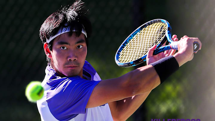 TCU's Duncan Chan in the second round of the NCAA Tournament. Chan would lose his singles match, but the Frogs were able to win the dual to advance to next week's Super Regional. 