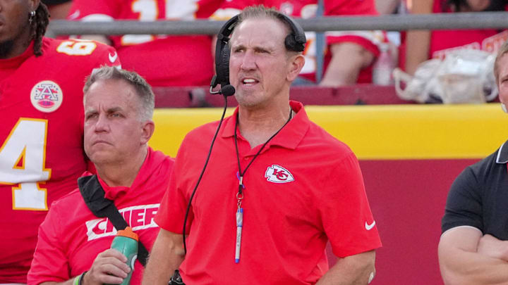 Sep 15, 2024; Kansas City, Missouri, USA; Kansas City Chiefs defensive coordinator Steve Spagnuolo watches play against the Cincinnati Bengals during the game at GEHA Field at Arrowhead Stadium. Mandatory Credit: Denny Medley-Imagn Images