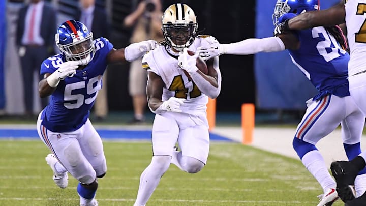 Sep 30, 2018; New Orleans Saints running back Alvin Kamara (41) gains a first down against the New York Giants