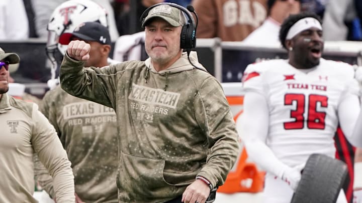 Nov 11, 2023; Lawrence, Kansas, USA; Texas Tech Red Raiders head coach Joey McGuire reacts during the first half against the Kansas Jayhawks at David Booth Kansas Memorial Stadium. Mandatory Credit: Denny Medley-USA TODAY Sports