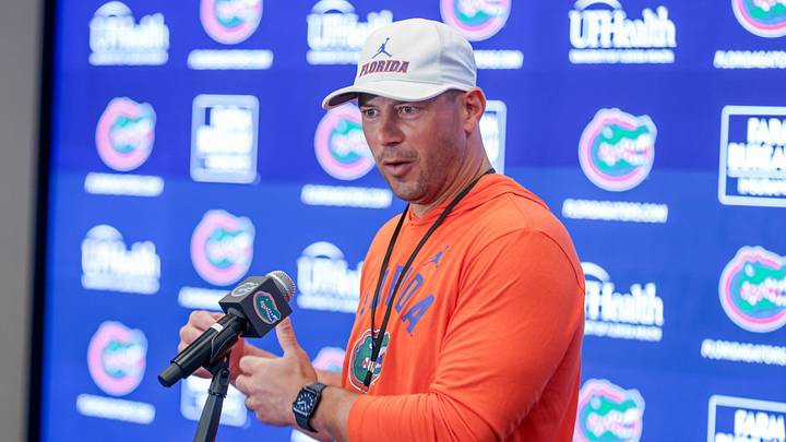 Florida head coach Jon Sumrall speaks after spring practice at Sanders Practice Fields in Gainesville, FL on Tuesday, March 31, 2026. [Alan Youngblood/Gainesville Sun]
