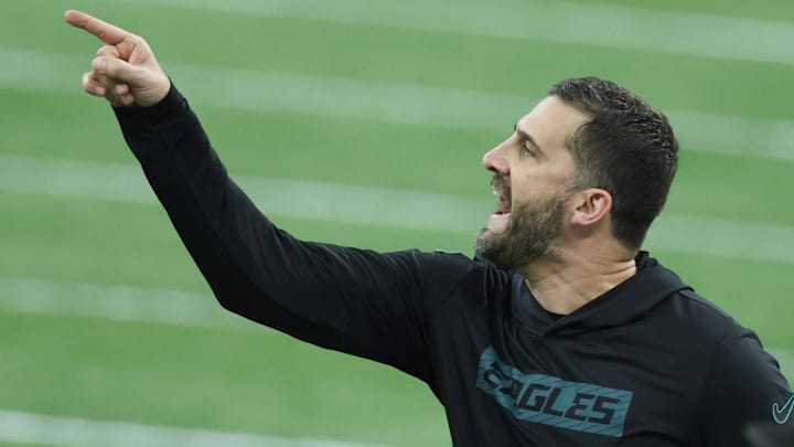 Feb 9, 2025; New Orleans, LA, USA;  Philadelphia Eagles head coach Nick Sirianni reacts against the Kansas City Chiefs in the first quarter in Super Bowl LIX at Ceasars Superdome. Mandatory Credit: Stephen Lew-Imagn Images