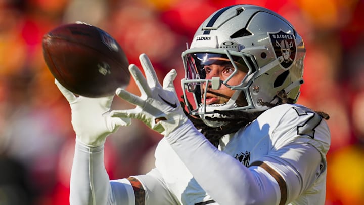 Nov 29, 2024; Kansas City, Missouri, USA; Las Vegas Raiders safety Tre'von Moehrig (7) warms up prior to a game against the Kansas City Chiefs at GEHA Field at Arrowhead Stadium. Mandatory Credit: Jay Biggerstaff-Imagn Images