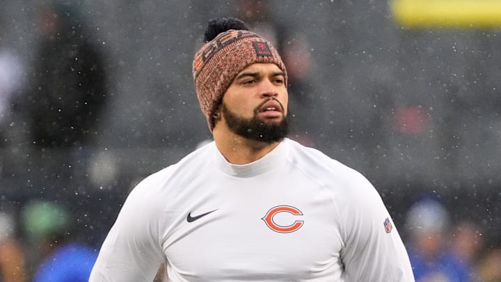 Jan 18, 2026; Chicago, IL, USA; Chicago Bears quarterback Caleb Williams (18) looks on during warmups before an NFC Divisional Round game against the Los Angeles Rams at Soldier Field. Mandatory Credit: David Banks-Imagn Images