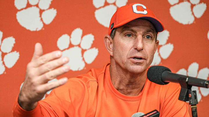 Clemson head coach Dabo Swinney speaks after the Tigers’ 28-14 win over the Gamecocks at Williams-Brice Stadium in Columbia, S.C. Saturday, November 29, 2025.