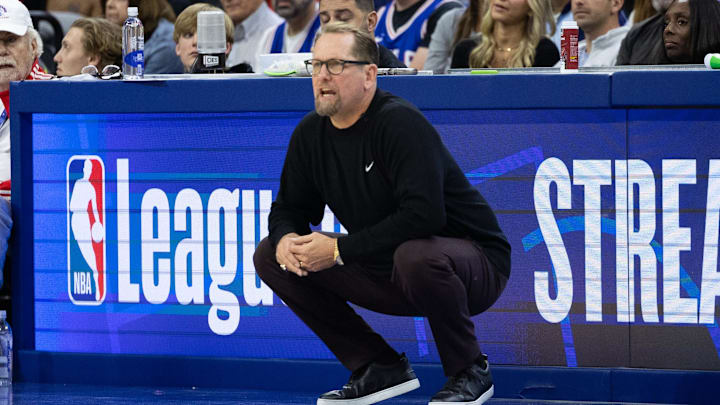 Oct 23, 2024; Philadelphia, Pennsylvania, USA; Philadelphia 76ers head coach Nick Nurse during the fourth quarter against the Milwaukee Bucks at Wells Fargo Center. Mandatory Credit: Bill Streicher-Imagn Images