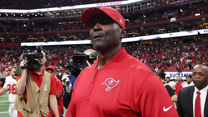 Sep 7, 2025; Atlanta, Georgia, USA; Tampa Bay Buccaneers head coach Todd Bowles walks on the field after their win against the Atlanta Falcons at Mercedes-Benz Stadium. Mandatory Credit: Brett Davis-Imagn Images