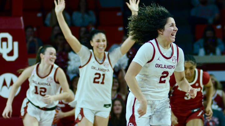 Oklahoma guard Aaliyah Chavez celebrates after a made basket against Arkansas. Oklahoma guard Aaliyah Chavez celebrates after a made basket against Arkansas.
