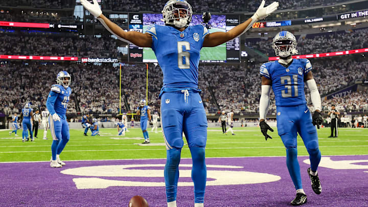 Detroit Lions safety Ifeatu Melifonwu (6) celebrates after he intercepted a pass against the Minnesota Vikings during the fourth quarter at U.S. Bank Stadium in a 2023 game.
