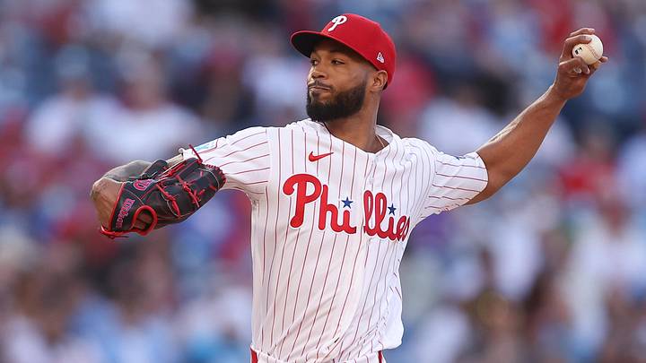 Jun 3, 2026; Philadelphia, Pennsylvania, USA; Philadelphia Phillies pitcher Cristopher Sanchez (61) throws a pitch against the San Diego Padres during the first inning at Citizens Bank Park. 